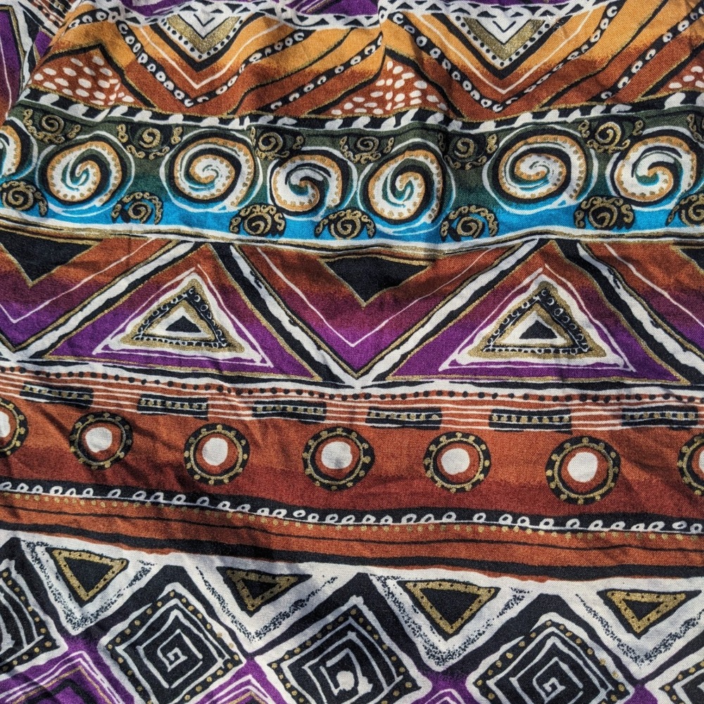 Vintage 90s Rayon Geometric Shorts M Gold Detail Boho Hippie Wide Leg Festival - Picture 9 of 11